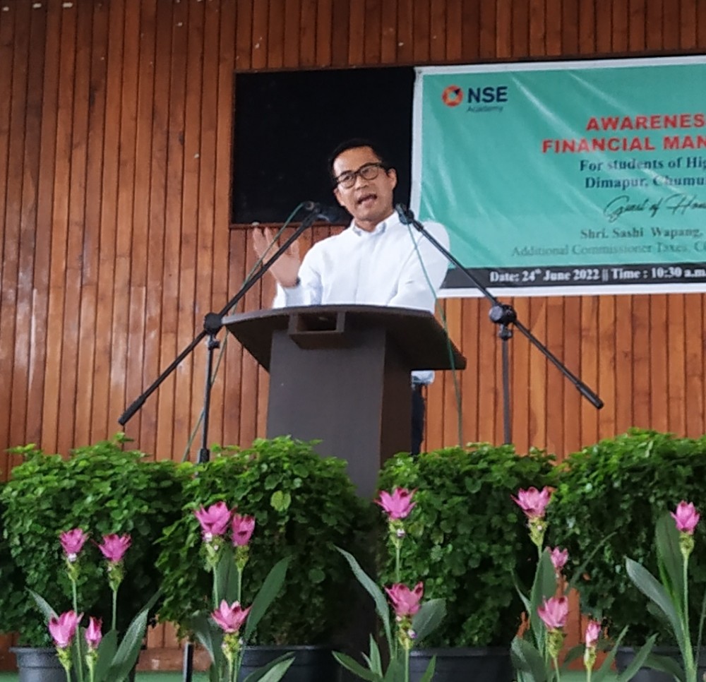 Sashi Wapang, IRS, Additional Commissioner Taxes, CGST during the awareness programme on Financial Management Education organised by NBSE and NSE Academy at Greenwood School, Dimapur on June 24. (Morung Photo)
